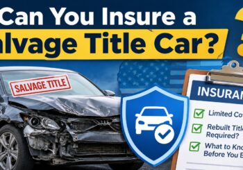 Can you insure a salvage title car? A damaged salvage vehicle with an insurance shield and checklist explaining salvage title insurance coverage.