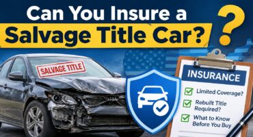 Can you insure a salvage title car? A damaged salvage vehicle with an insurance shield and checklist explaining salvage title insurance coverage.