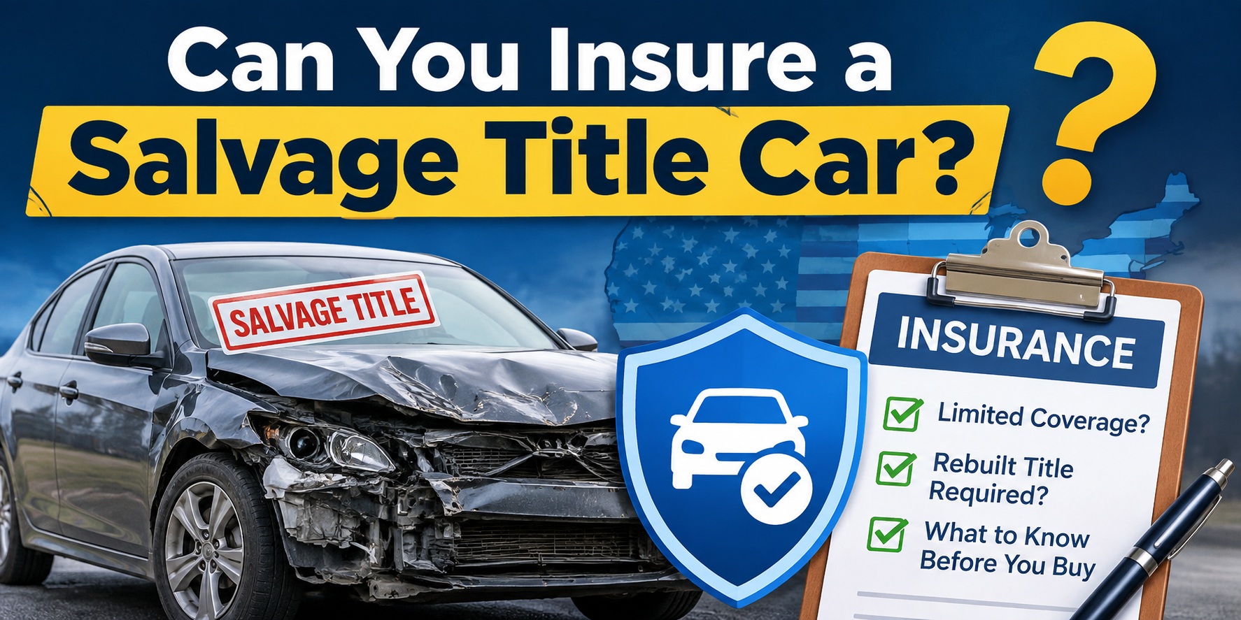 Can you insure a salvage title car? A damaged salvage vehicle with an insurance shield and checklist explaining salvage title insurance coverage.