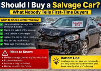 Damaged salvage car with a checklist of key risks and checks for first-time buyers