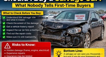 Damaged salvage car with a checklist of key risks and checks for first-time buyers