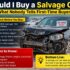 Damaged salvage car with a checklist of key risks and checks for first-time buyers