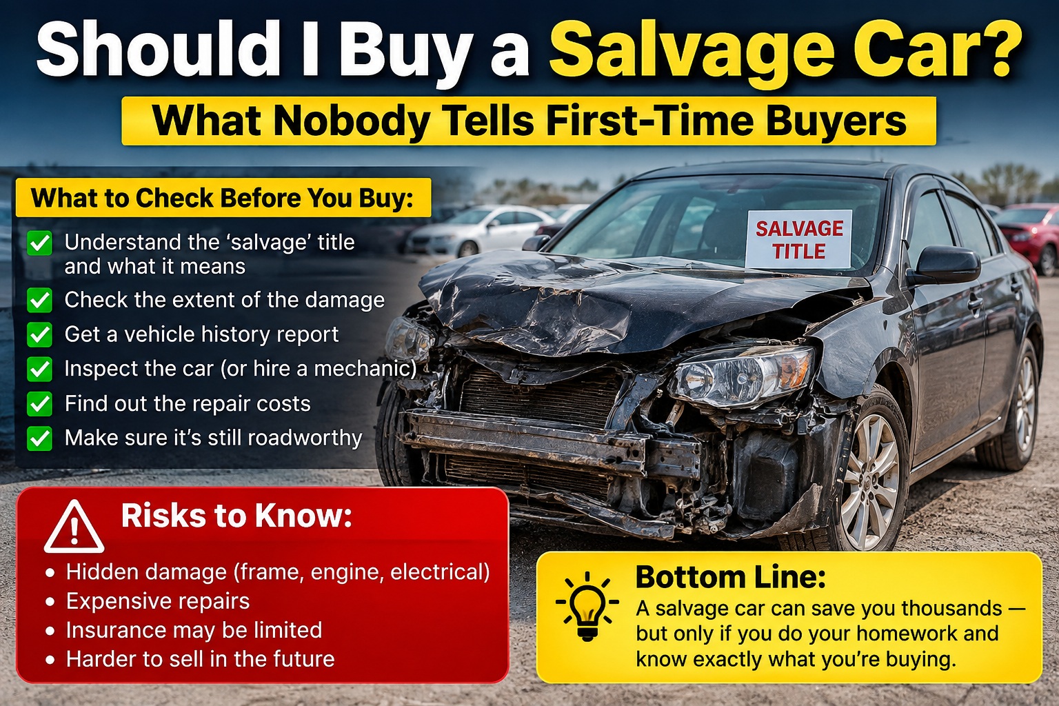 Damaged salvage car with a checklist of key risks and checks for first-time buyers
