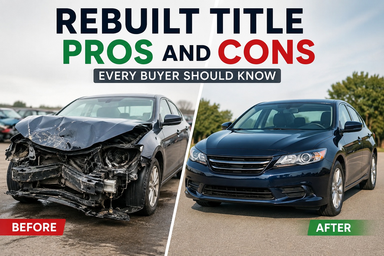 Rebuilt title car before and after repair