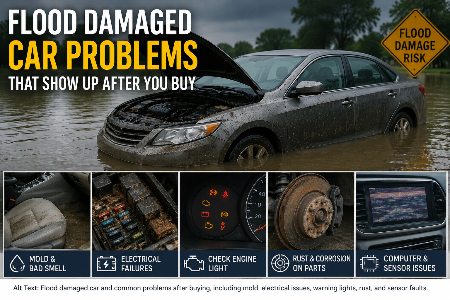 Flood damaged car with common post-flood problems.