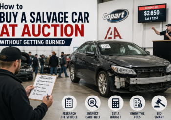 Salvage car at auction with tips for researching, inspecting, budgeting, understanding fees, and bidding safely