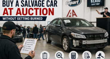 Salvage car at auction with tips for researching, inspecting, budgeting, understanding fees, and bidding safely
