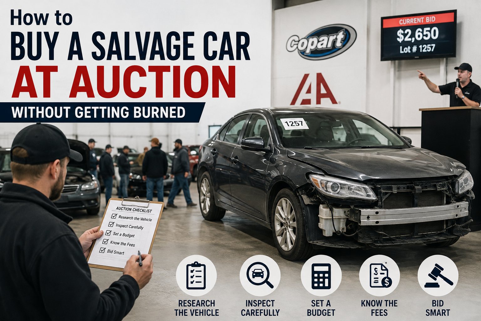 Salvage car at auction with tips for researching, inspecting, budgeting, understanding fees, and bidding safely