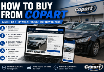How to buy from Copart step by step guide showing a damaged car, Copart auction bidding screen, vehicle research, and purchase process