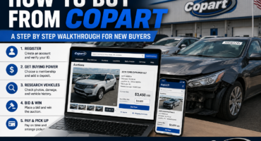 How to buy from Copart step by step guide showing a damaged car, Copart auction bidding screen, vehicle research, and purchase process