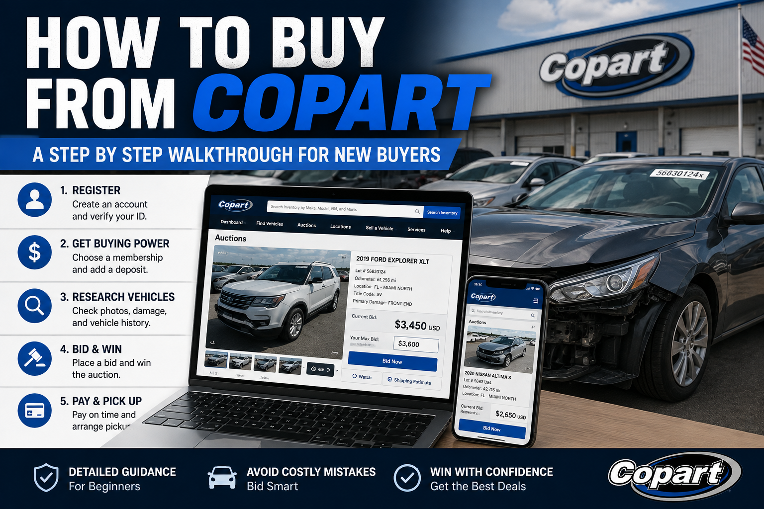 How to buy from Copart step by step guide showing a damaged car, Copart auction bidding screen, vehicle research, and purchase process